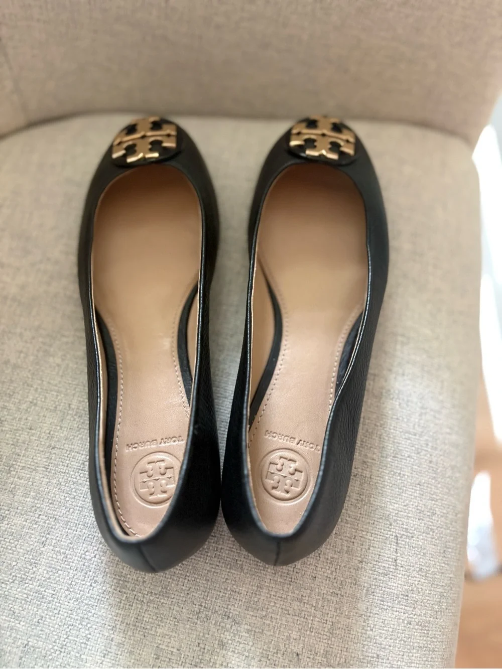 Tory Burch Black Leather Ballet Flats with Gold Logo